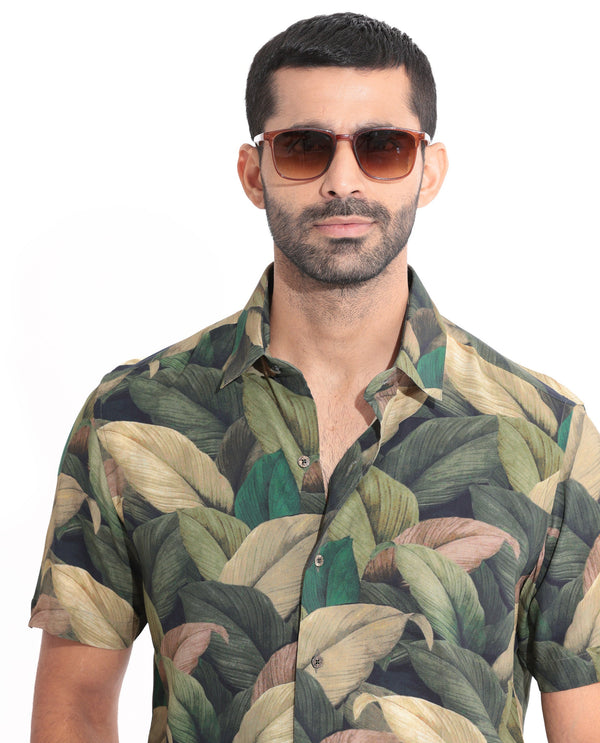 Rare Rabbit Men's Growr Green Viscose Fabric tropical Print Half Sleeves Shirt