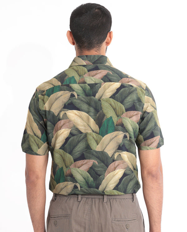 Rare Rabbit Men's Growr Green Viscose Fabric tropical Print Half Sleeves Shirt