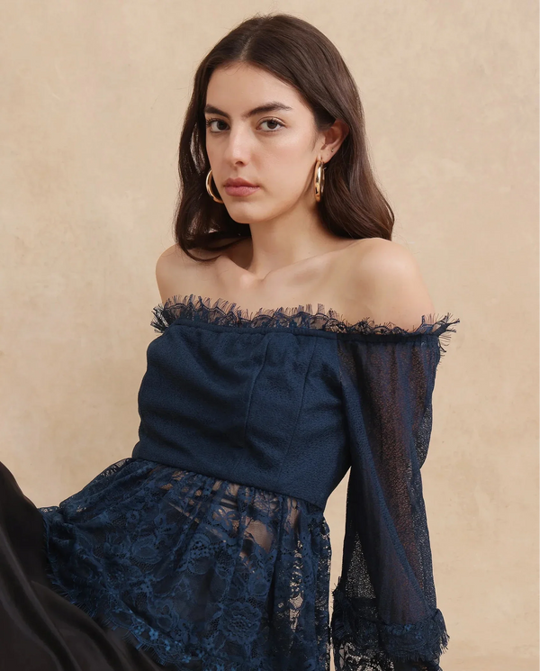 Rareism Women Balikesar Blue Flared Sleeve Off Shoulder Flared Plain Top