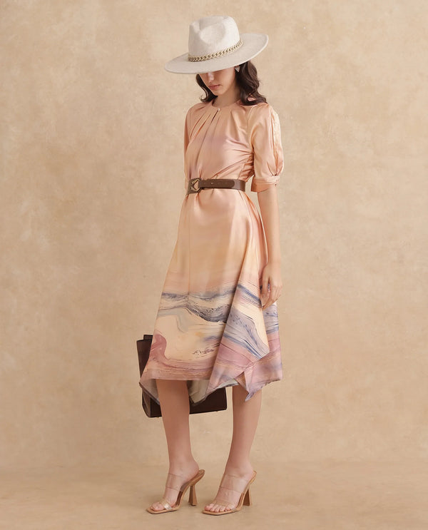 Rareism Women Bogaz Pastel Multi Balloon Sleeve Round Neck Hook Closure Asymmetric Midi Abstract Print Dress