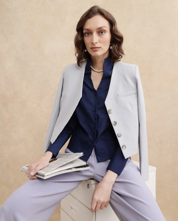 Rareism Women Castlei Light Grey Full Sleeve V-Neck Button Closure Plain Jacket