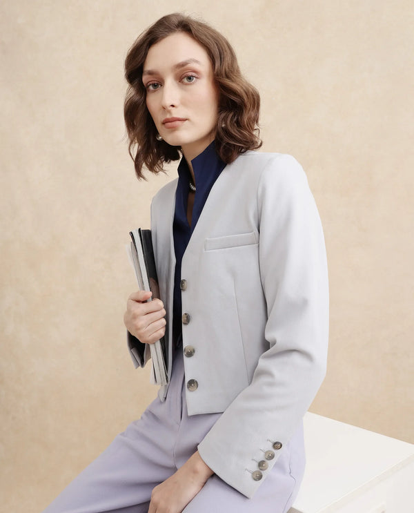 Rareism Women Castlei Light Grey Full Sleeve V-Neck Button Closure Plain Jacket