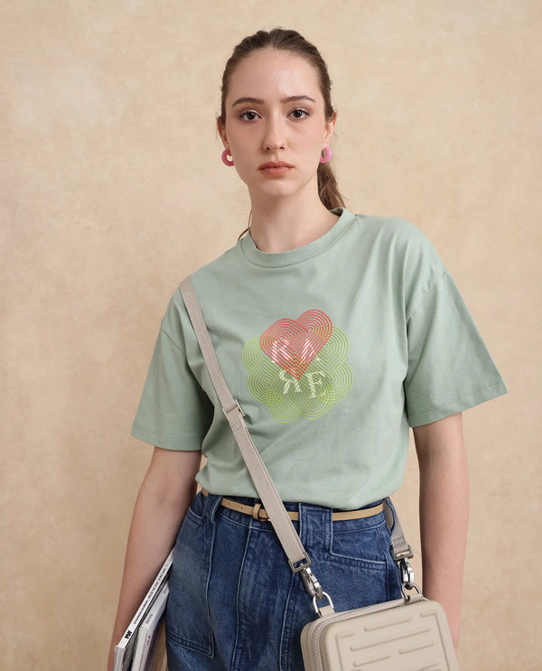 Rareism Women Clea Dusky Green Cotton Blend Fabric Short Sleeve Crew Neck Regular Fit Graphic Print T-Shirt