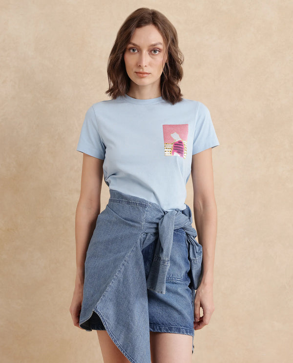 Rareism Women Detti Light Blue Cotton Blend Fabric Short Sleeve Crew Neck Graphic Print T-Shirt