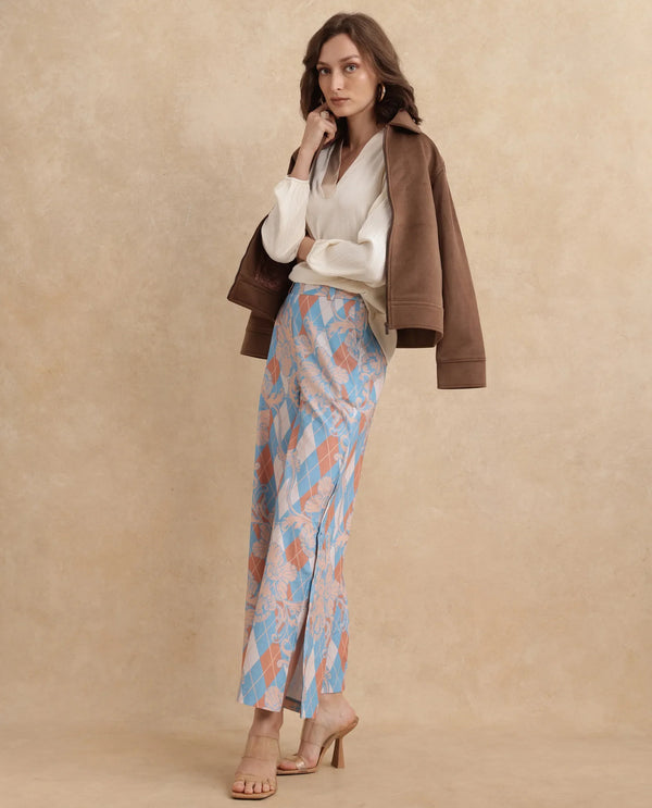 Rareism Women Diyan Light Multi Button Closure Wide Fit Ankle Length Geometric Print Trouser