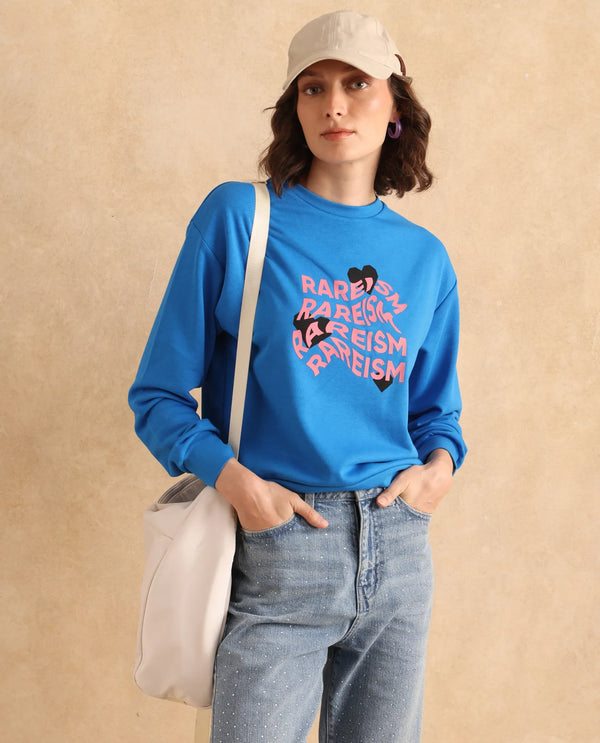 Rareism Women Flowe Blue Cotton Poly Fabric Full Sleeve Crew Neck Regular Fit Graphic Print Sweatshirt