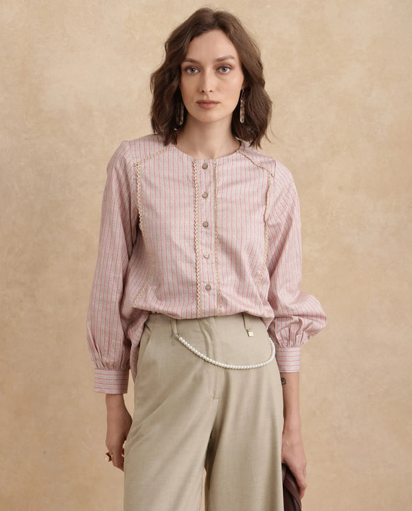 Rareism Women Fotopo Light Pink Bishop Sleeves Mandarin Collar Regular Fit Flannel Print Shirt