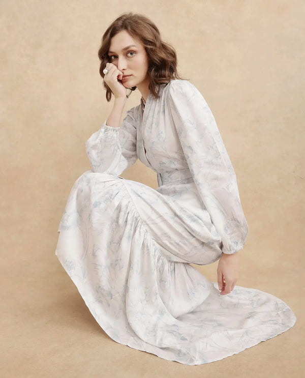 Rareism Women's Freno Off White Cotton Blend Fabric V-Neck Button Closure Full Sleeve Floral Print Straight Fit Maxi Dress