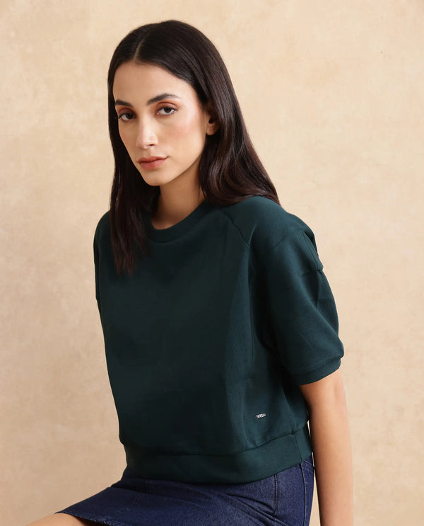 Rareism Women Ganges Green Cotton Blend Fabric Short Sleeve Crew Neck Relaxed Fit Cropped Plain Sweatshirt