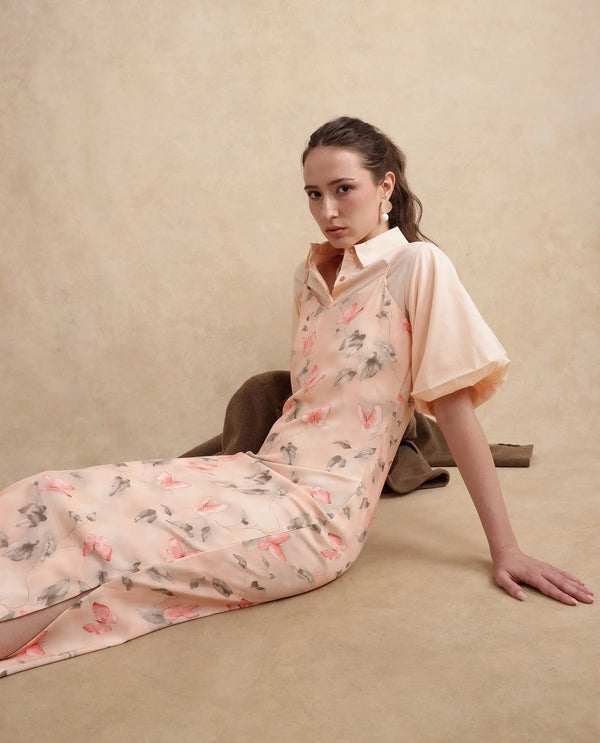 Rareism Women Gha Beige Cuffed Sleeve Collared Neck Straight Fit Midi Object Print Dress