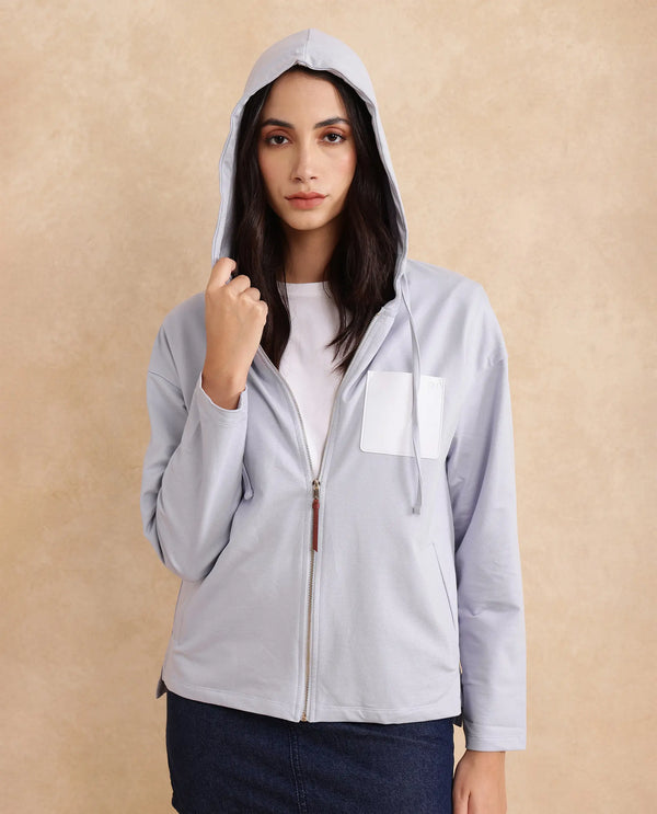 Rareism Women Leth Light Blue Cotton Blend Fabric Full Sleeve Hooded Zipper Closure Relaxed Fit Plain Sweatshirt