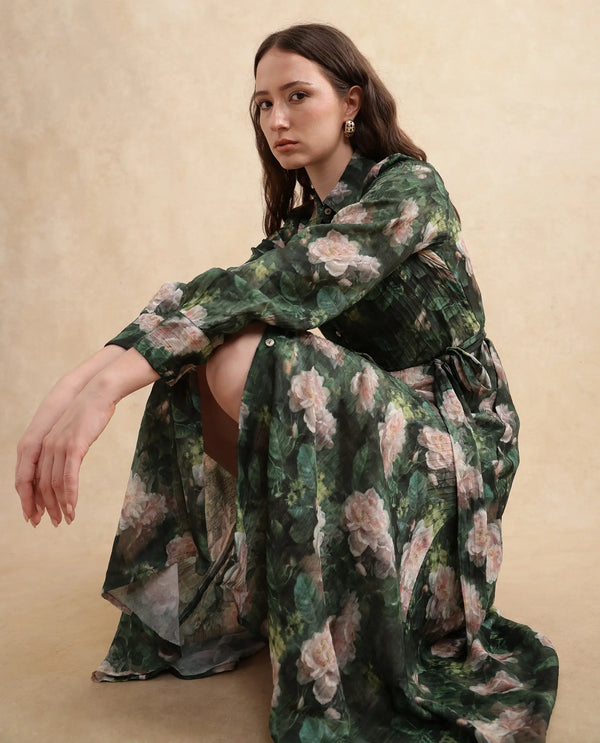 Rareism Women Lika Dark Green Full Sleeves Tie-Up Neck Button Closure Flared Fit Midi Floral Print Dress