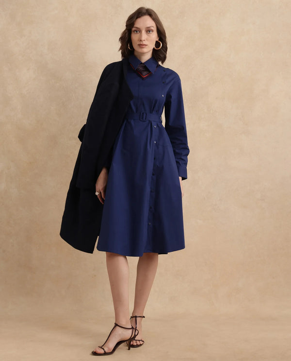 Rareism Women's Minifi Navy  Collared Neck Button Closure Cuffed Sleeve Plain Flared Knee Length Dress