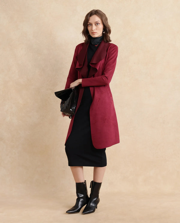 Rareism Women Palmer 2 Maroon Suede Full Sleeve Waterfall Neck Boxy Fit Midi Plain Jacket