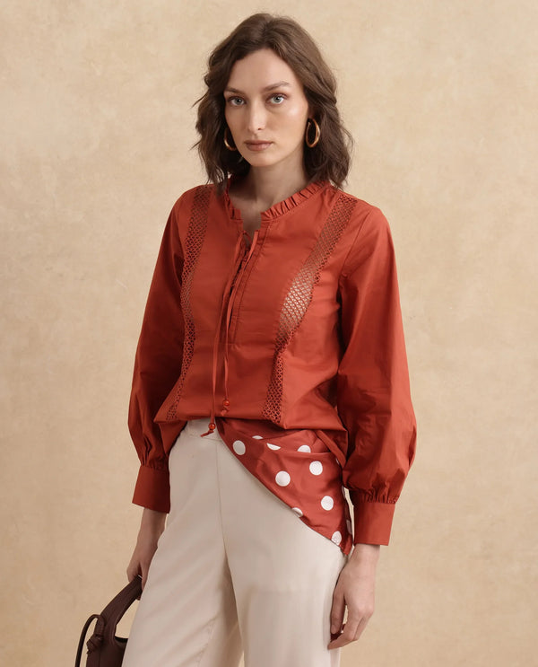 Rareism Women Penla Rust Poplin Fabric Cuffed Sleeve V-Neck Tie-Up Closure Regular Fit Plain Top