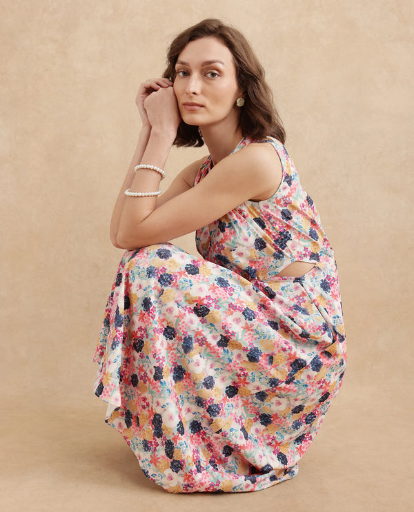 Rareism Women's Rinaf Multi Satin Fabric Round Neck Button Closure Sleeveless Floral Print Fit And Flare Midi Dress