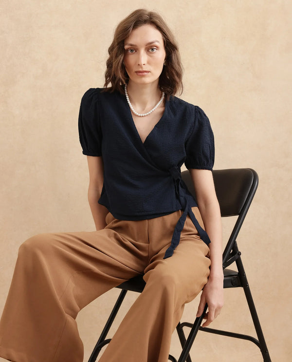 Rareism Women Serem Navy Bishop Sleeves V-Neck Regular Fit Plain Top