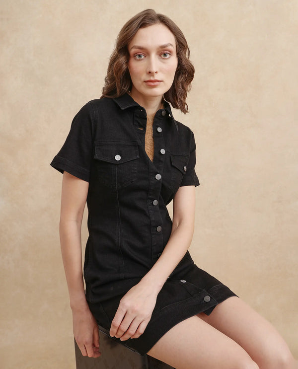 Rareism Women Thio Black Cotton Polyester Fabric Short Sleeve Collared Neck Regular Fit Plain Dress