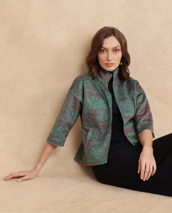 Rareism Women Vasy Multi Suede 3/4Th Sleeve Stand Collar Zipper Closure Boxy Fit Floral Print Jacket