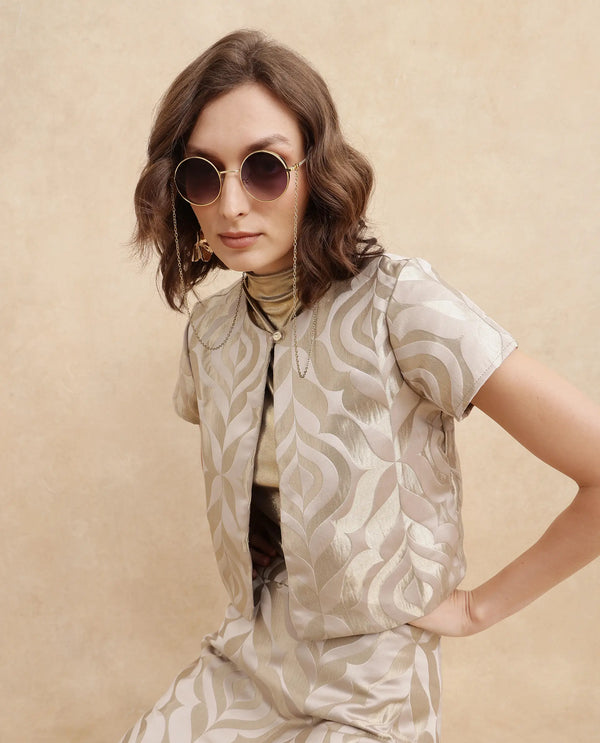 Rareism Women Vegor Metalic Gold Round Neck Button Closure Regular Fit Cropped Jacquard Jacket