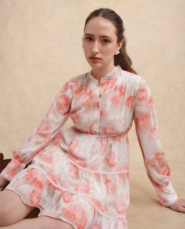 Rareism Women's Viver Off White Polyester Fabric Stand Collar Button Closure Puff Sleeve Abstract Fit And Flare Mini Dress