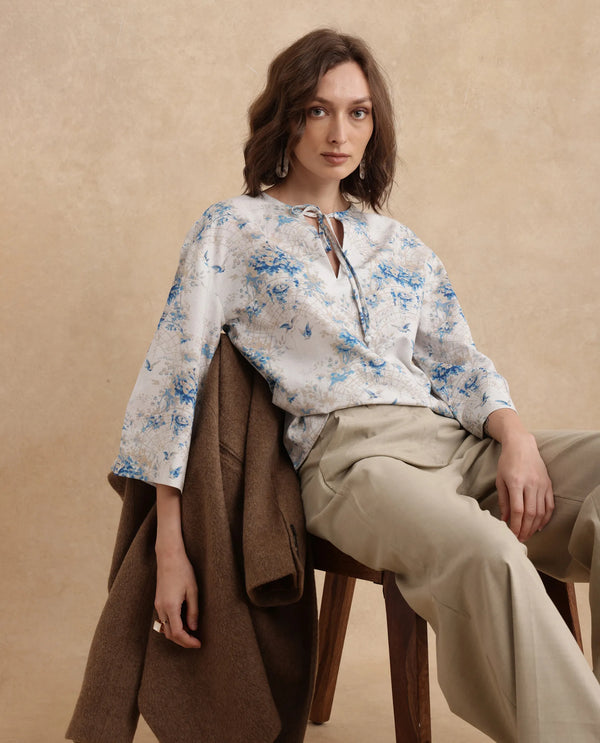 Rareism Women Wemiso Dusky Blue Bell Seeves Tie Up Neck Regular Fit Floral Print Top