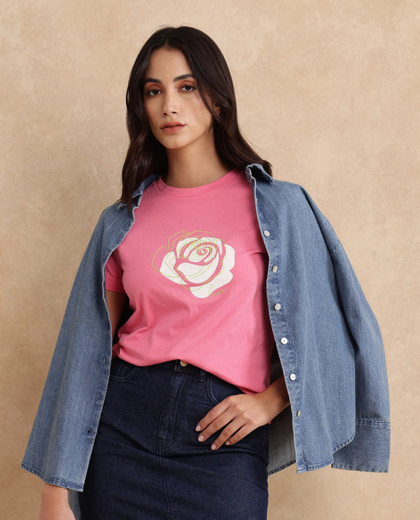 Rareism Women Wond Light Pink Cotton Blend Fabric Short Sleeve Crew Neck Regular Fit Floral Print T-Shirt