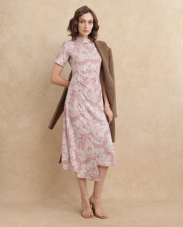 Rareism Women's Xem Light Multi Satin Fabric High Neck Zipper Closure Half Sleeve Paisley Print Straight Fit Midi Dress