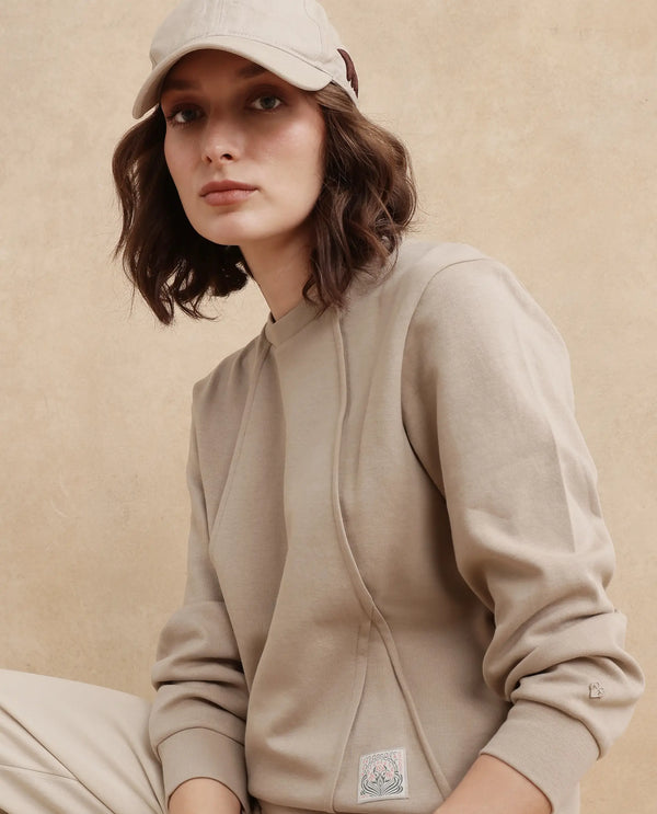 Rareism Women Yello Beige Cotton Blend Fabric Full Sleeve Crew Neck Relaxed Fit Plain Sweatshirt
