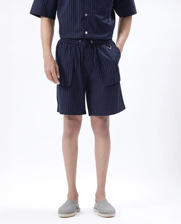 Rare Rabbit Men Habar Navy Cotton Elastane Fabric Oversized Striped Shorts