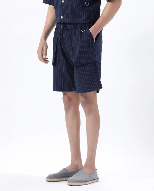 Rare Rabbit Men Habar Navy Cotton Elastane Fabric Oversized Striped Shorts