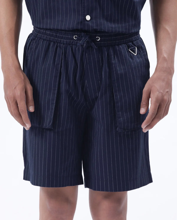 Rare Rabbit Men Habar Navy Cotton Elastane Fabric Oversized Striped Shorts