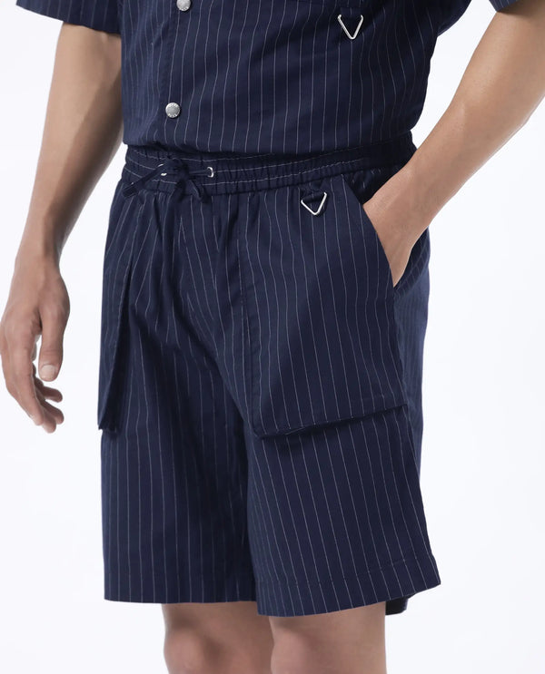 Rare Rabbit Men Habar Navy Cotton Elastane Fabric Oversized Striped Shorts