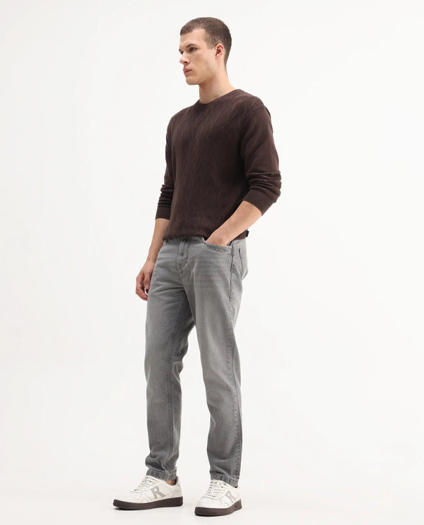 Rare Rabbit Mens Hades Grey Solid Mid Rise Mid Wash Slim Fit Jeans