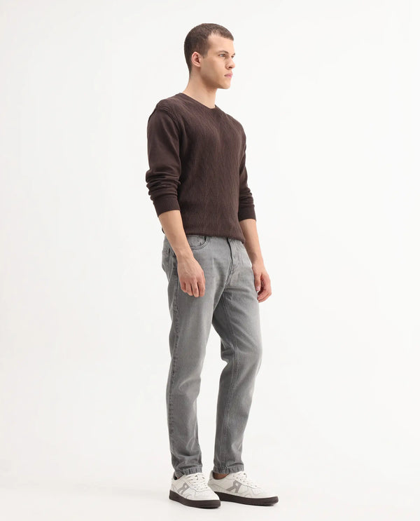 Rare Rabbit Mens Hades Grey Solid Mid Rise Mid Wash Slim Fit Jeans