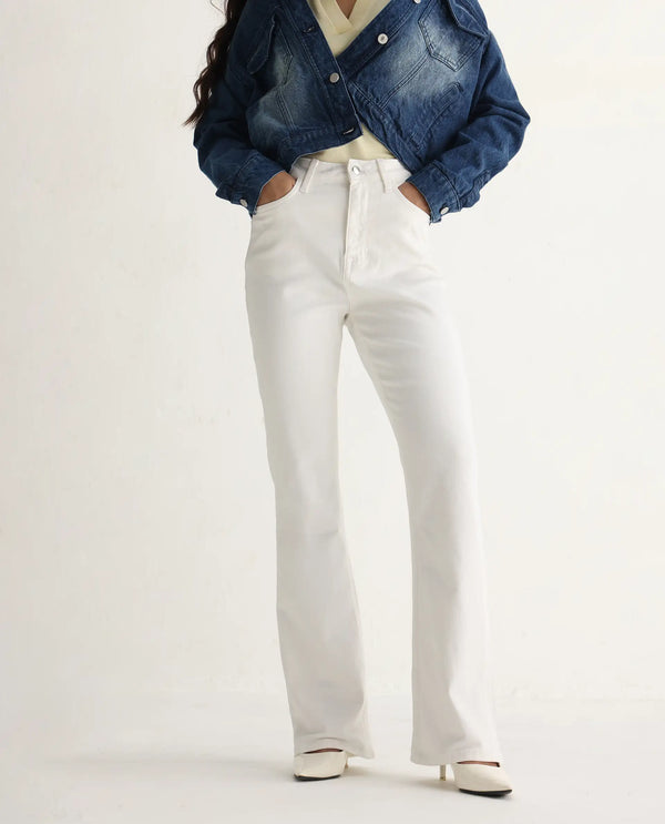 Rareism Women Hadley White Cotton Elastane Fabric Solid Regular Length Jeans