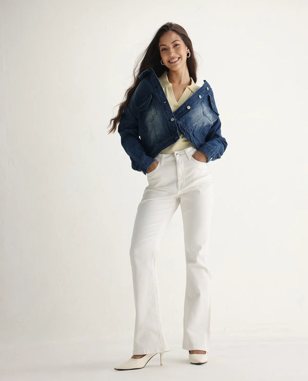 Rareism Women Hadley White Cotton Elastane Fabric Solid Regular Length Jeans