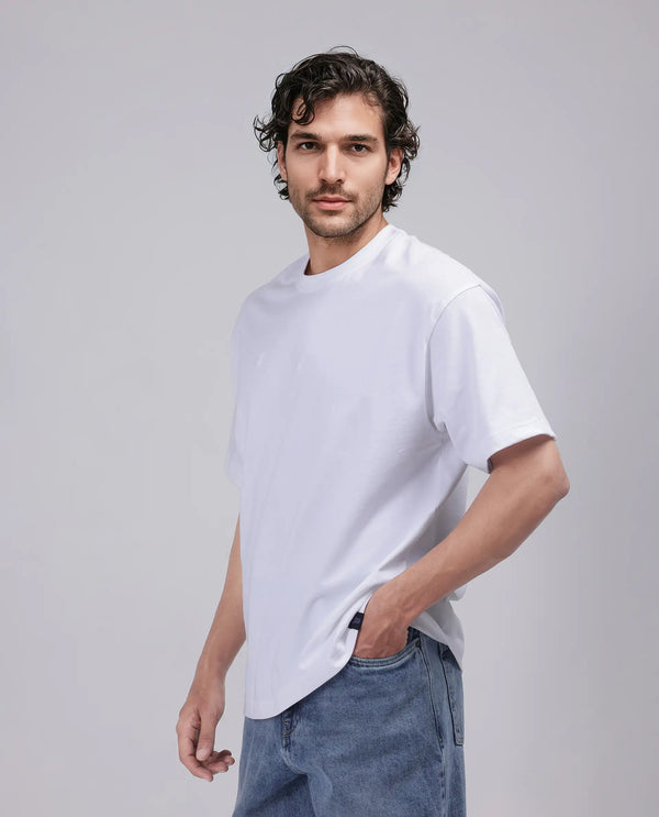 Rare Rabbit Men Haf White Cotton Fabric Short Sleeve Crew Neck Oversized Fit Graphic Paisley Print T-Shirt