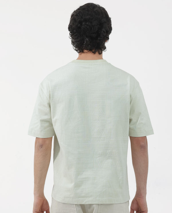 Rare Rabbit Articale Men's Hagrid Pastel Green Cotton Polyester Fabric Crew Neck Oversized Fit Branded Graphic Print T-Shirt