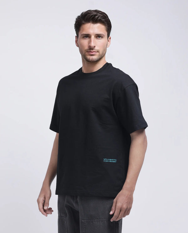 Rare Rabbit Men Halen Black Cotton Fabric Short Sleeve Crew Neck Slip-On Oversized Fit Graphic Print T-Shirt