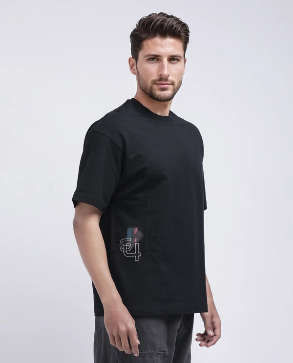 Rare Rabbit Men Halen Black Cotton Fabric Short Sleeve Crew Neck Slip-On Oversized Fit Graphic Print T-Shirt