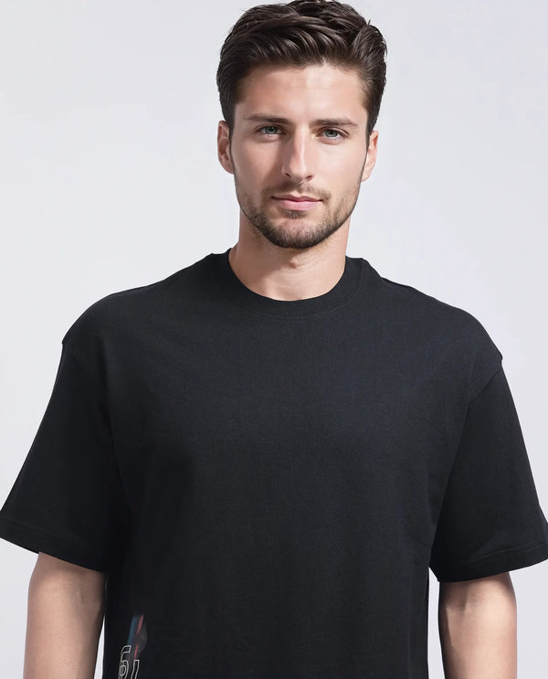 Rare Rabbit Men Halen Black Cotton Fabric Short Sleeve Crew Neck Slip-On Oversized Fit Graphic Print T-Shirt