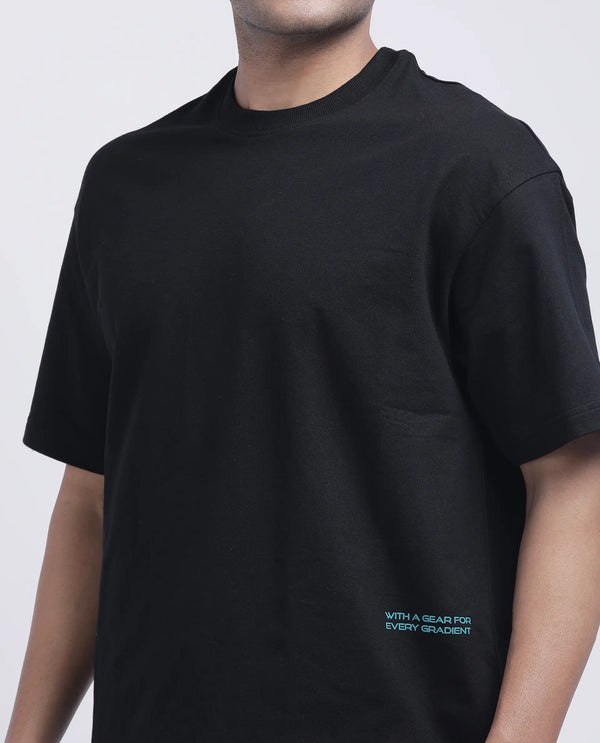 Rare Rabbit Men Halen Black Cotton Fabric Short Sleeve Crew Neck Slip-On Oversized Fit Graphic Print T-Shirt