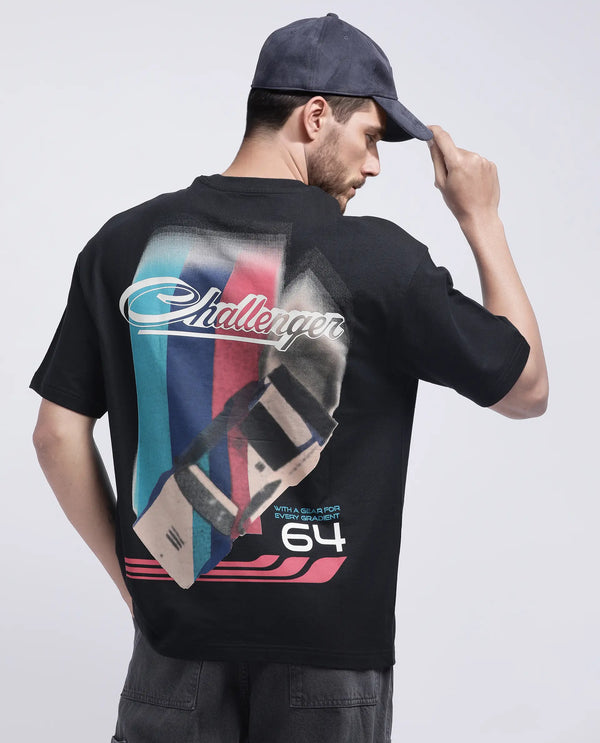Rare Rabbit Men Halen Black Cotton Fabric Short Sleeve Crew Neck Slip-On Oversized Fit Graphic Print T-Shirt
