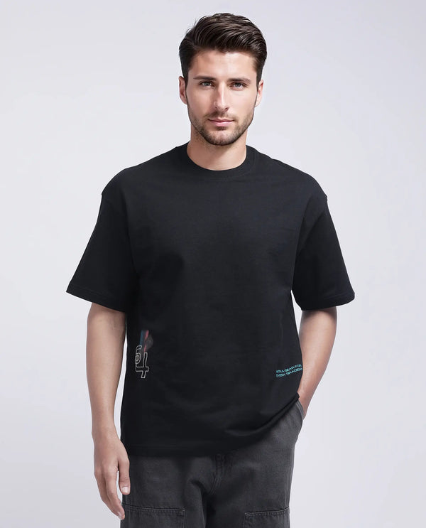 Rare Rabbit Men Halen Black Cotton Fabric Short Sleeve Crew Neck Slip-On Oversized Fit Graphic Print T-Shirt