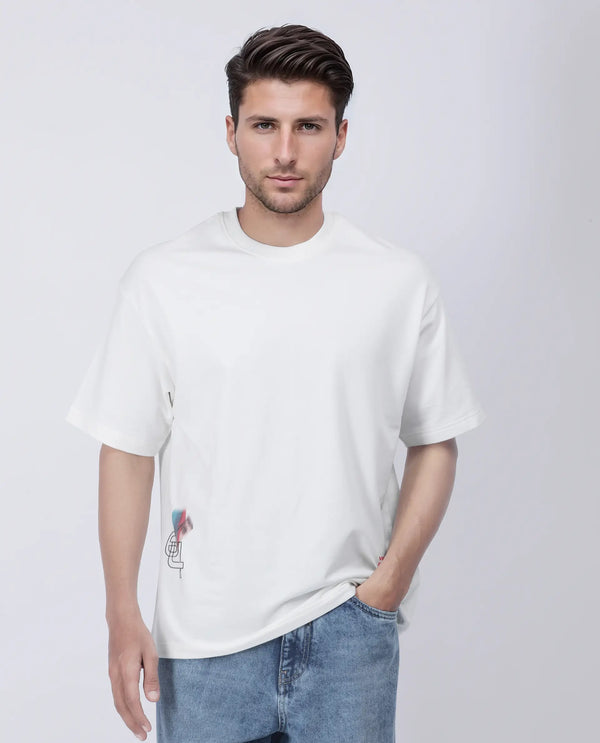 Rare Rabbit Men Halen Off White Cotton Fabric Short Sleeve Crew Neck Slip-On Oversized Fit Graphic Print T-Shirt