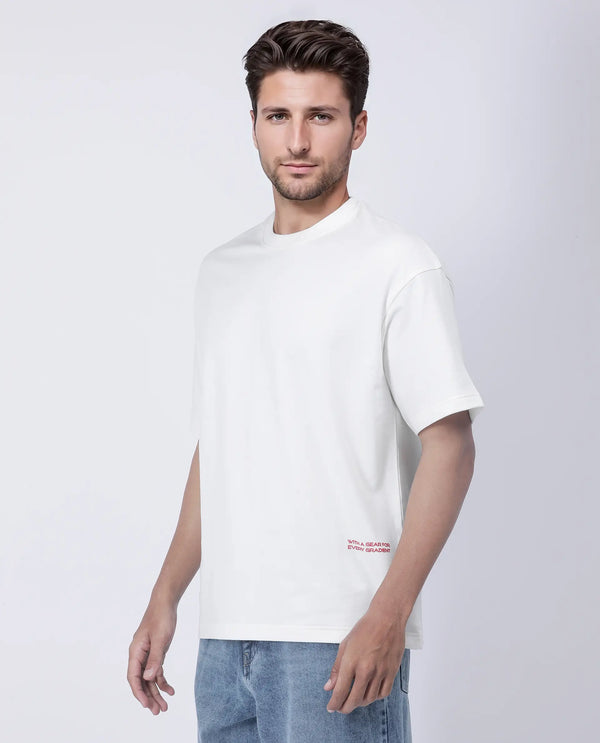 Rare Rabbit Men Halen Off White Cotton Fabric Short Sleeve Crew Neck Slip-On Oversized Fit Graphic Print T-Shirt