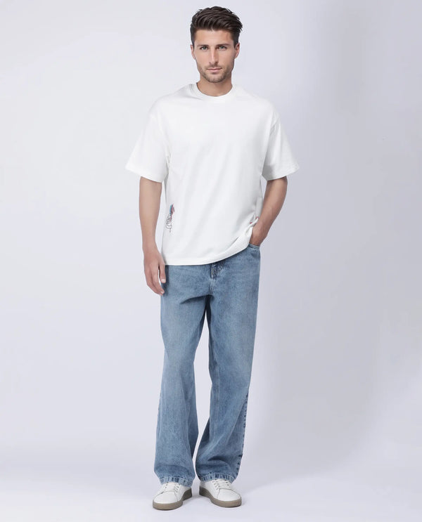 Rare Rabbit Men Halen Off White Cotton Fabric Short Sleeve Crew Neck Slip-On Oversized Fit Graphic Print T-Shirt