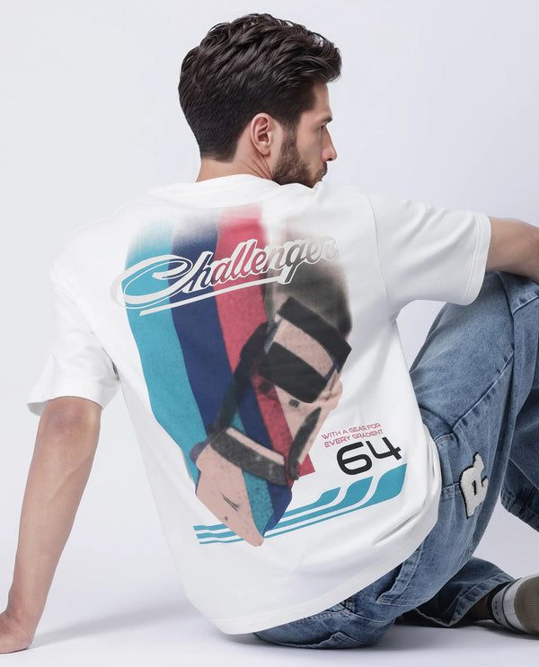 Rare Rabbit Men Halen Off White Cotton Fabric Short Sleeve Crew Neck Slip-On Oversized Fit Graphic Print T-Shirt