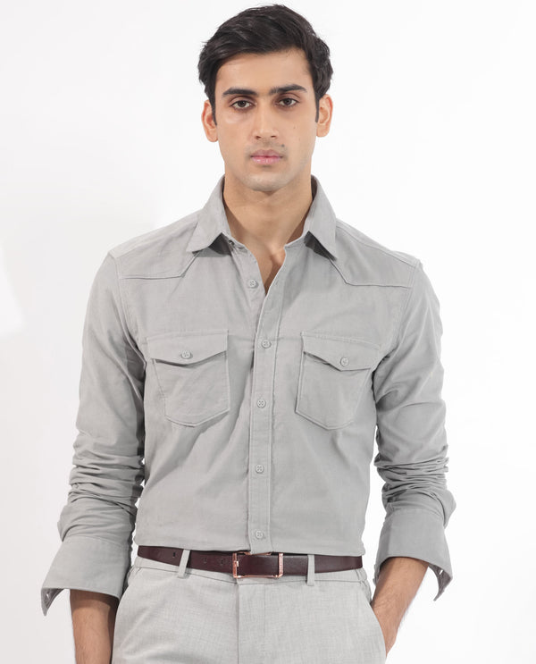 Rare Rabbit Men's Halle Grey Cotton Fabric Full Sleeves Corduroy Shirt